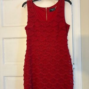 GUESS Crimson Red Scalloped Lace & Tiered Fringe Dress